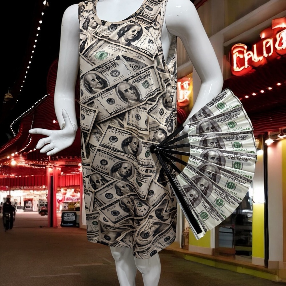 Money Print Sleeveless Dress with Fan size L-XL